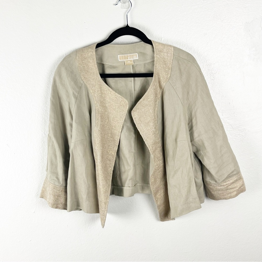 MICHAEL KORS Gold Metallic 100% Linen 3/4 Sleeves Open Jacket Blazer 16 Casual